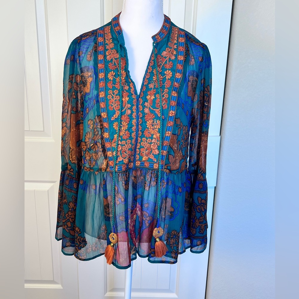Soft Surroundings Sheer Blouse Embroidery Tassels Bell Sleeve Sz Small